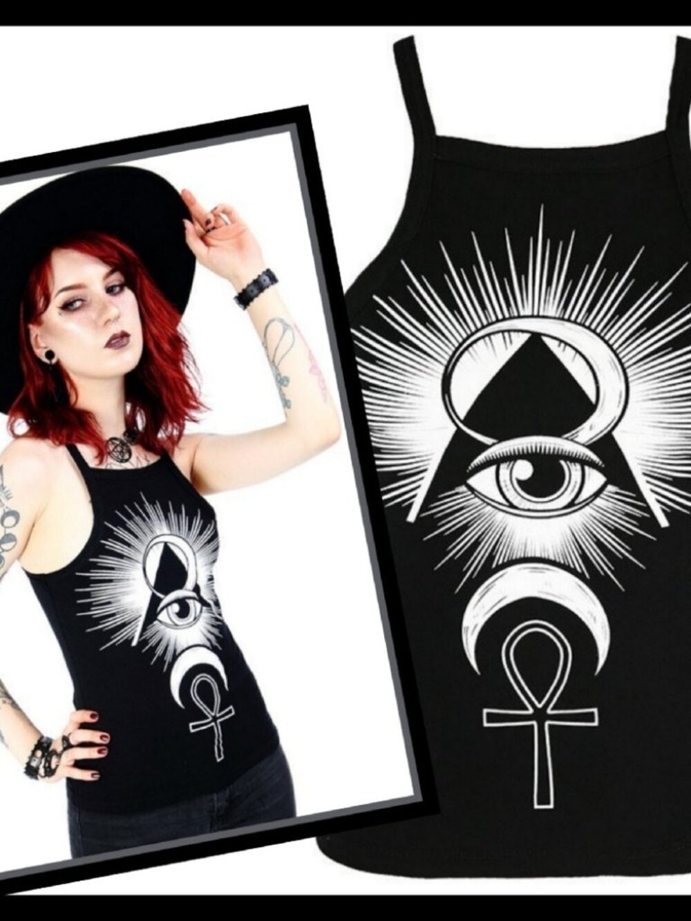 Restyle ✦ Third Eye Tank Top ✦ Black Pyramid Symbol Moon Ankh Graphic M NWT